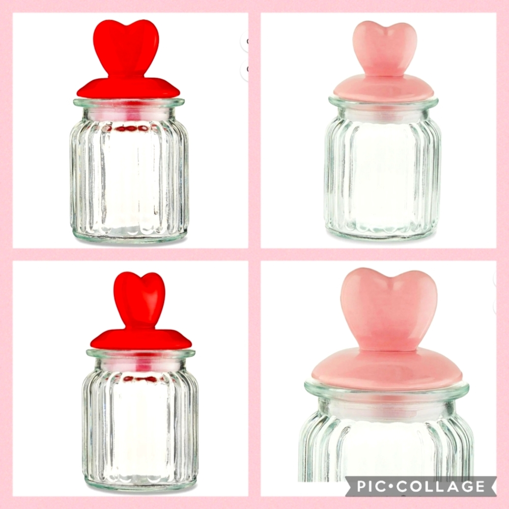 TWO Valentines Day Glass Jars W/ Heart Shape Lid (Pink/Red)